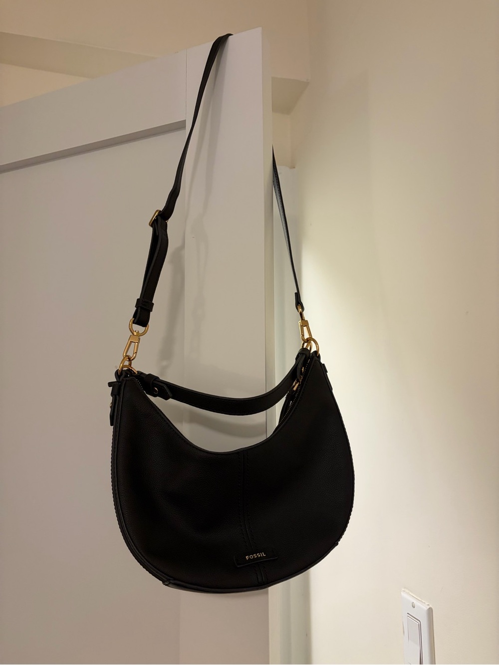 Fossil Shae Small Hobo Bag, Black Leather Crescent Shoulder Bag with Gold